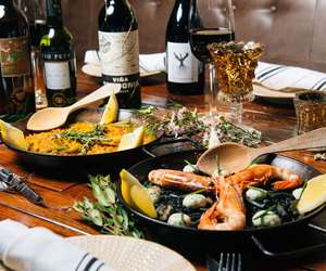 Spread of paella and wines