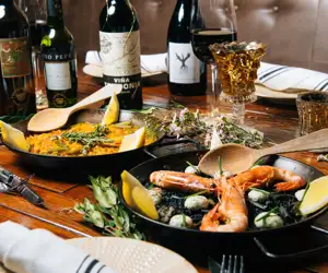 Spread of paella and wines