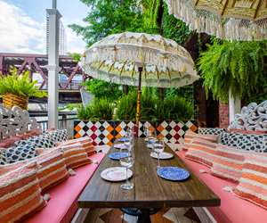 Tables beneath parasols