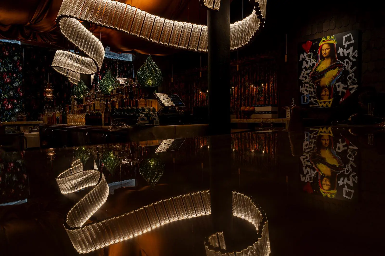 Interior bar of Kashmir Nightclub with super chic lights and beautiful artwork.