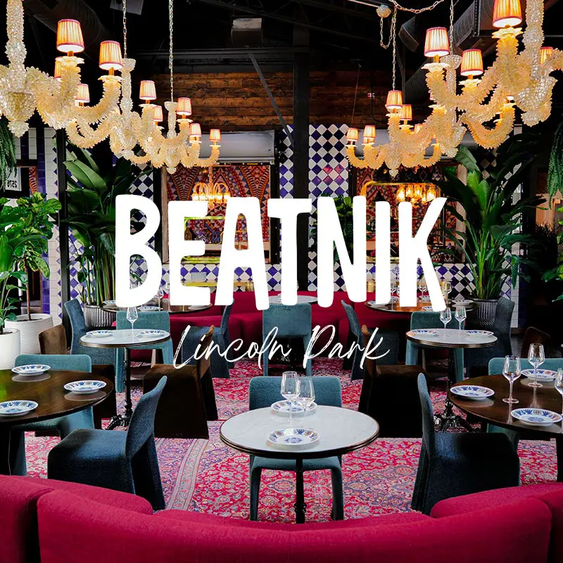Beatnik Lincoln Park restaurant interior with an overlaying logo