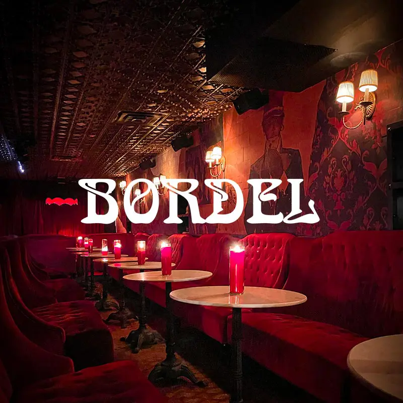 Bordel restaurant interior with an overlaying logo